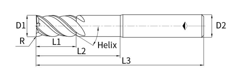 corner radius end mill long neck drawing
